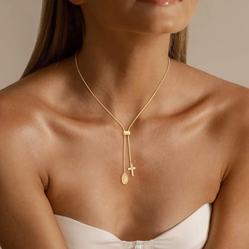 CHESKY Long Necklaces for Women, 14k Gold Plated/Streling Silver Lariat Necklace Dainty Statement Prom Necklace Rosary Cross Sun Drop Pendant Dangle Necklace Gold Prom Jewelry for Women Gifts - style: y necklace 03