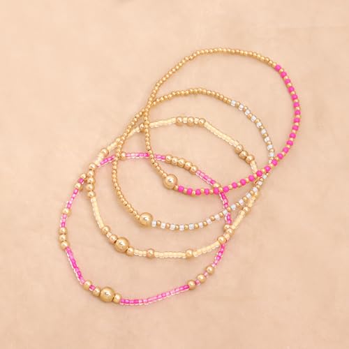 Gold Beaded Stackable Friendship Bracelets Set for Women, Handmade Boho Stretch Summer Jewelry Gift. - color: gold pink fuchsia white yellow