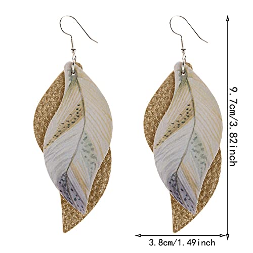 ANXIN boho unique Leather Earrings 2 Layered Lightweight Faux Leather Leaf Earrings Layered Design Drop Earrings Gift for Women - color: GOLD Faux Leather Leaf Earrings