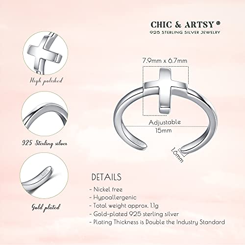 CHIC & ARTSY 925 Sterling Silver Open Toe Ring for Women - Lightweight Comfortable Yoga Toe Rings, Adjustable Stackable Toe Rings, Boho Coastal Vacation Beach Foot Jewellery - color: Cross/silver