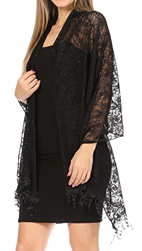 Sakkas Mari Women's Large Lightweight Soft Lace Scarf Wrap Shawl Floral and Fringe - color: Style3-black