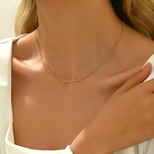 NONAMOIS Gold Chain Necklace for Women Dainty 18K Gold Plated Thin Satellite Beaded Turquoise Necklace Simple Layered Boho Jewelry Christmas Gifts - color: Satellite-Gold