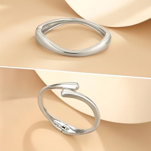 PEALICIOUS 2Pcs Chunky Bracelet for Women, Girls Gold Bangle Bracelet 7in Minimalist Silver Chunky Bangles Prom Gifts, Trendy Gold Arm Cuff Upper Arm Band, Stack Bead Prom Accessories Summer Jewelry - style: Silver chunky bangle