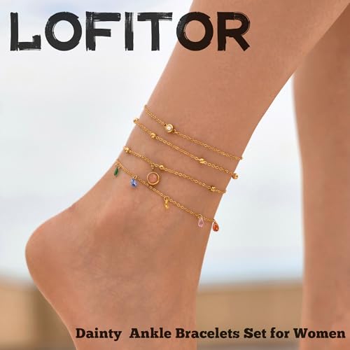 LOFITOR Ankle Bracelets for Women Glitter Waterproof Adjustable Anklet Set for Women 18K Gold Plated Silver Charm Dainty Layered Anklets, Summer Beach Anklet Jewelry for Women - style: Color Gold