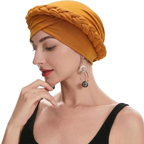 ZLYC Chemo Headwear for Women Pre Tied Turban Headwear Lightweight Beanie Hat - color: Braid Yellow