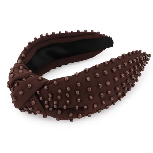 YISSION 1PC Beaded Knotted Headband Wide Jeweled Headbands for women Non Slip Embellished Hairband Coffee Head Band Hair Accessories for Women Girls - color: Coffee