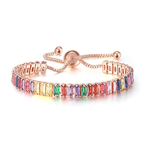 CiNily Adjustable Tennis Bracelets for Women Teen Girls Rainbow Cubic Zirconia Bracelet 14K White Gold Plated Hypoallergenic Slider Bracelet Jewelry Gift - color: Adjustable-Square Rose Gold