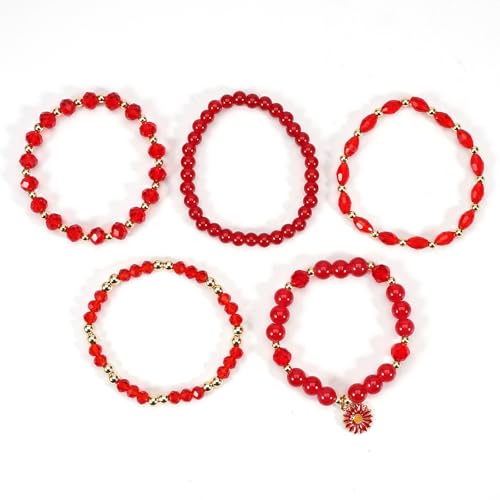 coadipress 5Pcs Bohemian Flower Stackable Bead Bracelets for Women Multilayer Crystal Glass Beaded Charm Bangles Bracelet Boho Summer Beach Hawaii Holiday Statement Jewelry - color: Red