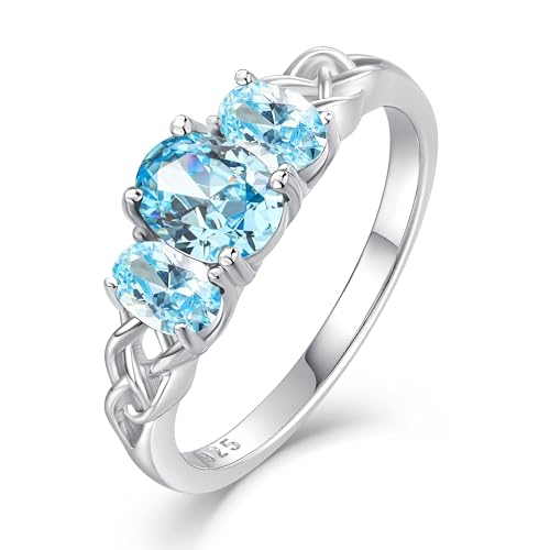 Celtic Birthstone Rings for Women 925 Sterling Silver Celtic Knot Ring 3-Stone Promise Rings for Her Wife Birthday Anniversary Wedding Jewelry - color: 03-Mar-Aquamarine