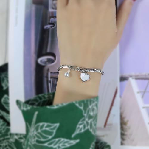 Emibele Heart Charm Bracelet for Women, Bible Verse Bracelet Stainless Steel 18K Gold Plated Bracelet Love Pendant Link Chain OT Clasp, Birthday Christmas Jewelry Gift for Mother Her - color: Silver 2