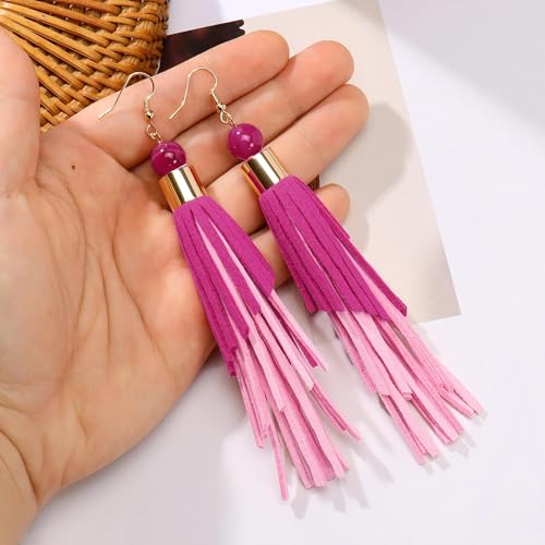 Coiris Boho Leather Layered Tassel Earrings for Women Lightweight Leather Fringe Dangle Earrings Handmade Bohemian Summer Beach Western Drop Earrings for Women - color: RosePink