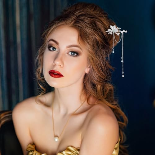 KALLORY Hair Stick for Women Tassel Flower Hairpin Lightweight Retro Hair Fork for Buns Wedding Party Styling Tool