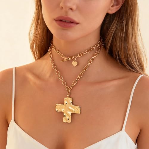 Chunky Cross Necklace for Women Chunky Gold Necklace Statement Cross Pendant Vintage Toggle Clasp Necklace Jewelry for Women - color: B1-Gold Cross Necklace
