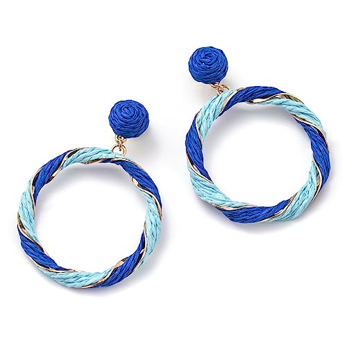 Boho Raffia Hoop Dangle Earrings Twisted - Statement Rattan Round Geometric Earrings For Summer Beach Vacation - color: BLUE