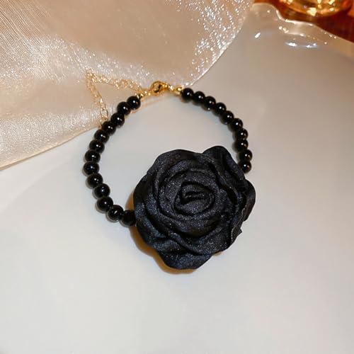 Vintage Imitation Pearl Bracelet with Rose Flower Charm Dainty Pearl Wrist Band Boho Rose Hand Accessories for Women Bridal Wedding Prom Festival - color: Black