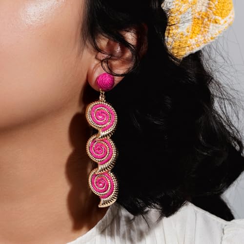 Boho Raffia Earrings Starfish Shell Seashell Dangle Drop Earrings Cute Statemnet Trendy Jewelry Summer Beach Outfits for Women - color: Hot Pink, size: Seashell