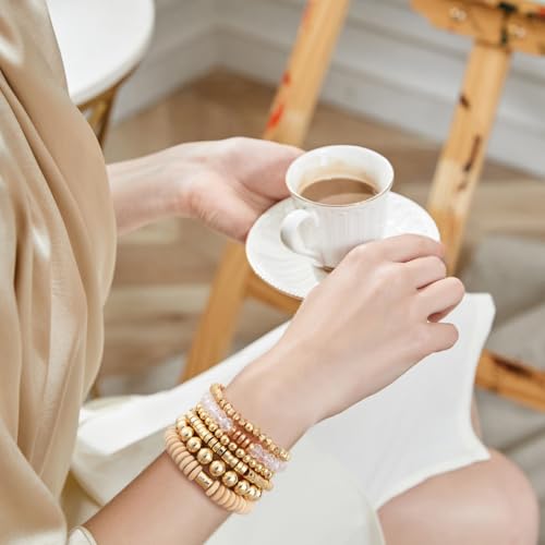 GOOJIDS Simple Beaded Gold Plated Bangles Bracelet Chunky Bamboo Tube Curved Stacking Clear Acrylic Colorful Beads Stretchable Gold Plated Bracelets Set For Women - color: A-A1 Gold Bead Set E