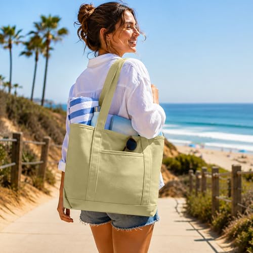 DALIX 20" Solid Color Cotton Canvas Shopping Tote Bag in Beige - color: Beige
