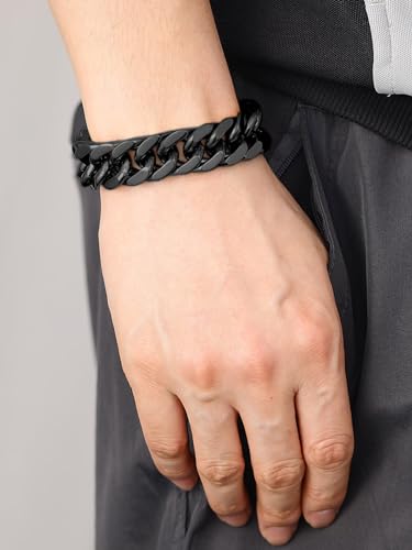 ChainsHouse Stainless Steel Cuban Link Bracelet, 8mm/12mm/17mm Width, 7.5"/8.3"/9", 18K Gold Plated Chain Wrist Bracelets for Men Women, Send Gift Box - color: U: Black-17mm width-custom