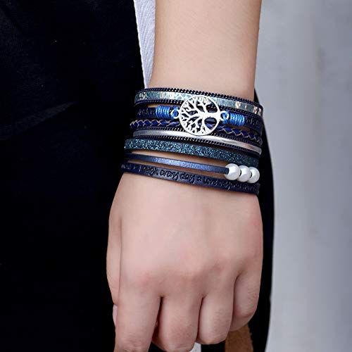 Fesciory Leather Wrap Bracelets for Women, Boho Leopard Multi-Layer Crystal Beads Cuff Bracelet Jewelry - color: B26:Tree of Life(Blue)