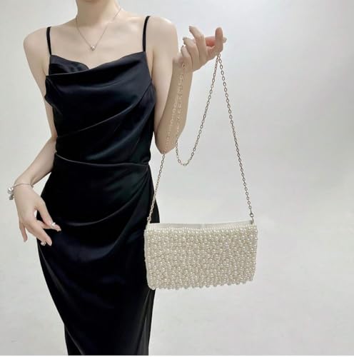 Geiomoo Pearl Purses with Chain, Stacking Rings, Tassel Earrings, Crossbody Beaded Evening Shoulder Bag for Women