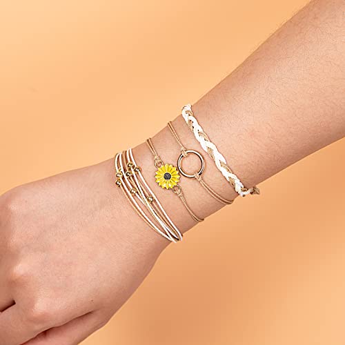 FANCY SHINY Easter Gifts Basket Stuffers Sunflower String Bracelet Boho Braided Rope Wrap Bracelets Cute Summer Beach Surfer Jewelry for Women - color: Sand