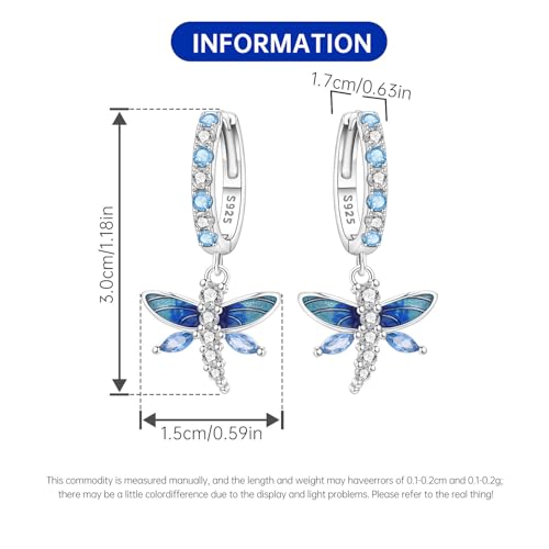 925 Sterling Silver Dangle Earrings for Women, Butterfly&Bee Animals Design, Hypoallergenic Jewelry gifts - color: Colorful Dragonfly Earrings - Blue