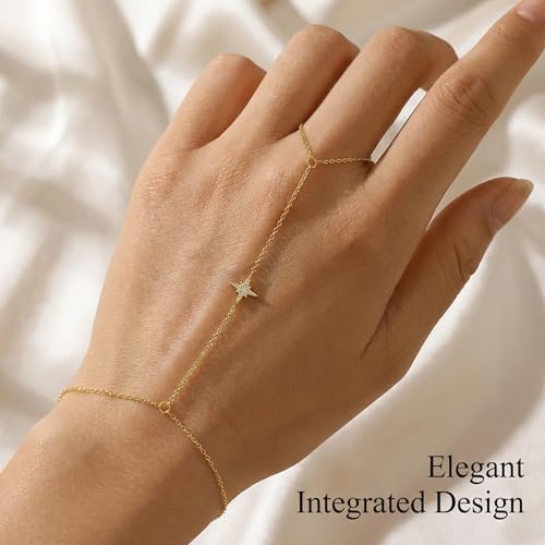 925 Sterling Silver Hand Chain Bracelet for Women,Non Tarnish 14k Gold Plated CZ Crystal Heart Starburst Ring Bracelets Hand Chain Dainty Diamond Layered Stackable Link Chain Beach Waterproof Graduation Wedding Gifts - color: GoldA