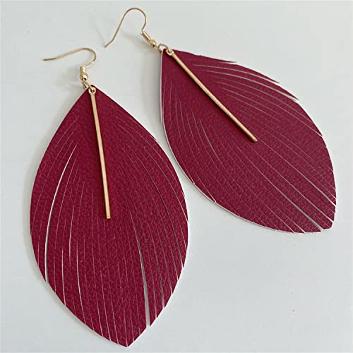 Minimalist Handmade Lightweight Large Soft Faux Leather Fringe Feather Dangle Drop Earrings Bohemian Huge Leaf Hook Earrings with Bar for Women - color: Rose red