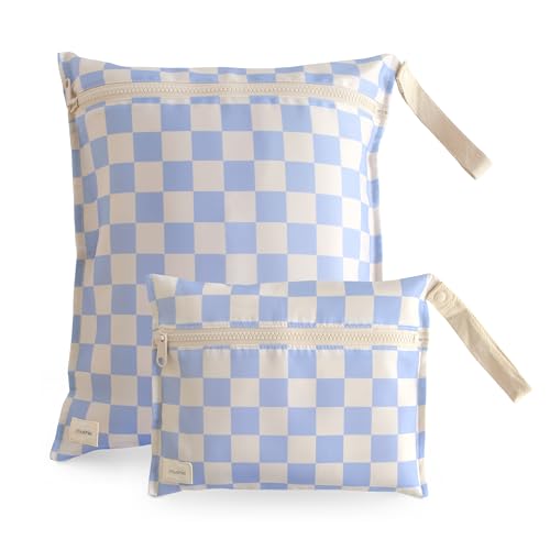 mushie Water Resistant Wet Bags | Large & Small Reusable Storage Bag for Baby Items and Travel | Zippered Pockets with Handle | Machine Washable, Set of 2 (Blue Check) - color: Blue Check