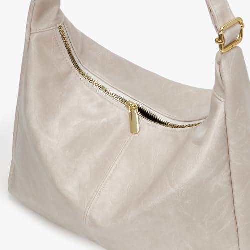 Brown Shoulder Bag for Women,Brown Leather Purse Slouchy Hobo Bags Everyday Purse Daily Commuting Bag with Zipper - color: White