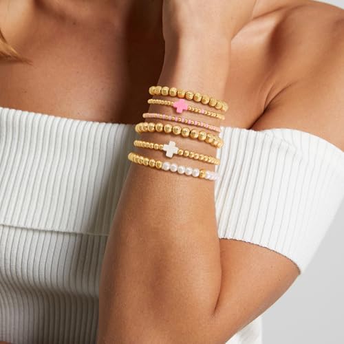 VIBILIA Gold Beaded Bracelets Set for Women 14K Gold Plated Dainty Pearl Cross Bracelet Stack Stretch Bracelet Set Fashion Accessories Gifts - color: 6P-Pink