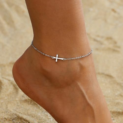 Dainty Ankle Bracelets for Women 18K Gold Plated Satellite Beaded Herringbone Lip Chain Anklets Simple Minimalist Summer Beach Foot Jewelry Christmas Gifts - color: Satellite Cross-White Gold