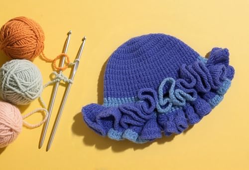 Handmade Crochet Bucket Hat for Women Boho Chic Slouchy Design Colorblock Ruffled Brim Festival&Daily Crochet Hat - color: Sky Blue