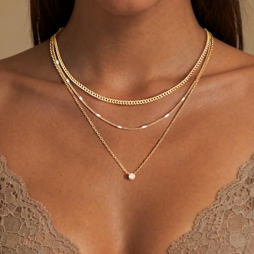 WomenGifts Layered Gold Necklaces for Women, 14K Gold Sterling Silver Plated Dainty Pendant Necklace Set Non Tarnish, Chunky Stackable Cuban Chain Choker, Trendy Birthstone Vacation Jewelry Gift - color: Gold, style: Cubic Zirconia-Created Citrine-Nov