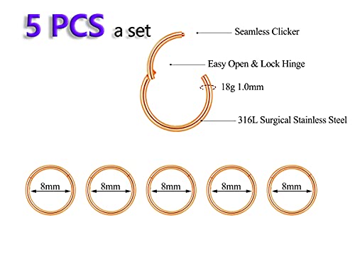 5Pcs 16G 18G Surgical Steel Nose Rings Hoop Tragus Septum Cartilage Hoop Earrings For Women Men Body Piercing Jewelry Kit Bar Length 6mm/8mm/10mm/12mm/14mm - style: 5Pcs -18G - Rose Gold - 8mm