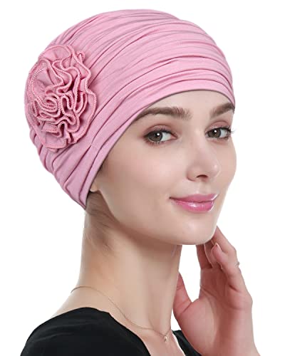 Alnorm Flower Design Chemo Hair Loss Caps Cancer Headwear for Women - color: Light Pink