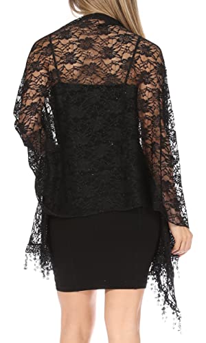 Sakkas Mari Women's Large Lightweight Soft Lace Scarf Wrap Shawl Floral and Fringe - color: Style2-black