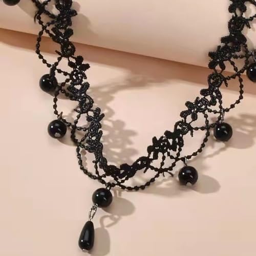Boho Flower Pearl Lace Choker Necklace Waterdrop Pendant Necklace Choker Vintage Teardrop Clavicle Necklace Dainty Neck Chain for Bridemaids Wedding - color: black