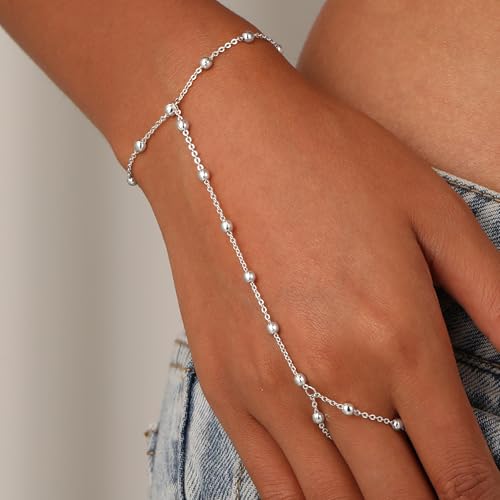 Hand Chain Bracelet for Women Trendy, Dainty Silver Beaded Finger Ring Bracelet Non Tarnish Minimalist Adjustable Simple Cute Silver Bracelets Waterproof Fashion Jewelry - color: Gold-02