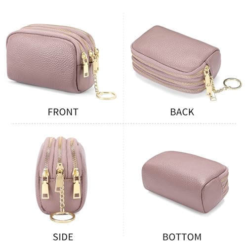 SENDEFN Small Coin Purse Leather 3 Zippered Change Pouch Wallet with Key Ring for Women - color: 1-Pink