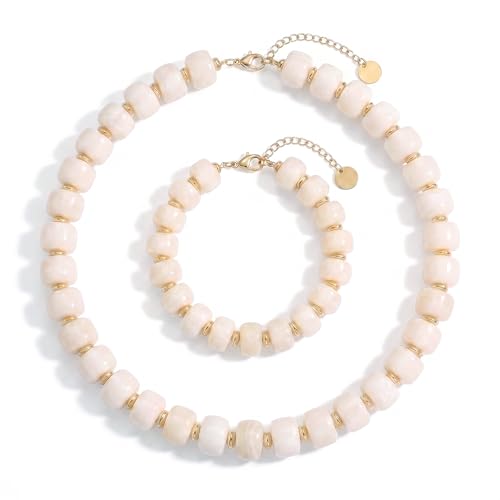 Gmai Chunky Bead Necklace and Bracelet Set for Women Boho Big Bead Statement Necklace Adjustable Fashion Trendy Summer Necklaces Jewelry Gift Set - color: white 2pcs set