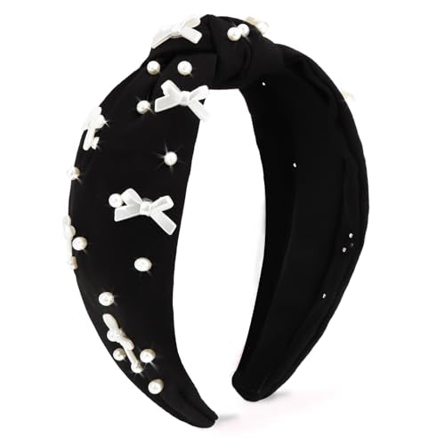 Black Headband Bow Pearl Knotted Headbands for Women Girls Cute Fashion Wide Headbands for Women Non Slip Hairbands Head Bands for Women's Hair Bow Hair Accessories - color: Black-02