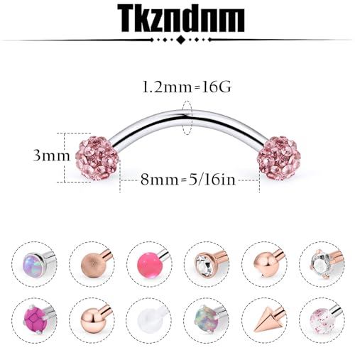 16g 8/10mm Silver/Black/Rose-Gold/Rainbow Eyebrow Piercing Jewelry Rings Curved Barbell Vertical Labret Lip Surgical Steel Small Belly Button Snake Eyes Tongue Rook Earrings for Women Men - color: Rose Gold / Pink, size: 16g*8mm*3mm