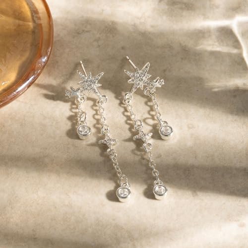 LLWOM 14K Gold/White Gold Plated CZ/Flower/North Star/Leaf Dangle Drop Earrings Studs for Women, Statement Earrings for Wedding Party Prom, Hypoallergenic Jewelry Gift - color: Silver North Star