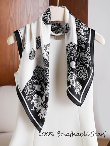 100% Mulberry Silk Scarf for Women Hair Lightweight Square Neckerchief Wrap For Head Scarves 21" - color: 21-black and White Flower Frame /21"*21"