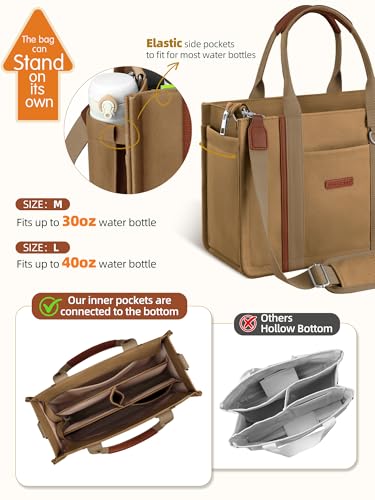 FIORETTO Women’s Canvas Tote Bag Purse with Zipper, Multi Compartment & Reinforced Bottom, Ideal for Work, Bible, Travel - color: Brown, size: Medium, style: Built-in Organizer