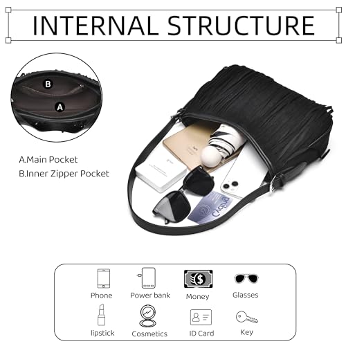 Fringe Shoulder Bag for Women Underarm Suede Western Hobo Purses and Handbags Trendy Crossbody Purse with Tassel - color: Black
