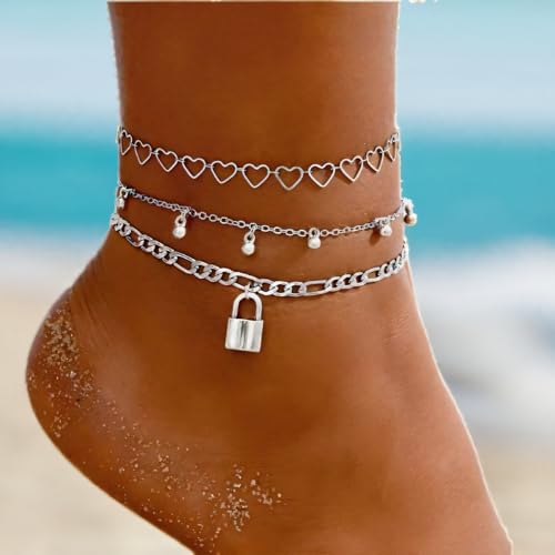 3 Pcs Layered Silver Tone Anklets for Women Trendy Lock Heart Charm Ankle Bracelets Set Adjustable Chunky Figaro Foot Jewelry Gifts