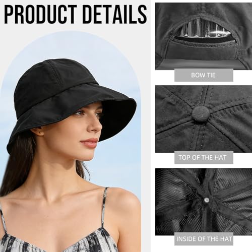 Women Wide Brim Sun Hat Adjustable Packable Beach UV Protection Gardening Hats - color: Black-02